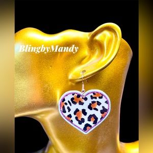 2/20 Fun! Leopard print large heart resin earrings with sterling wires